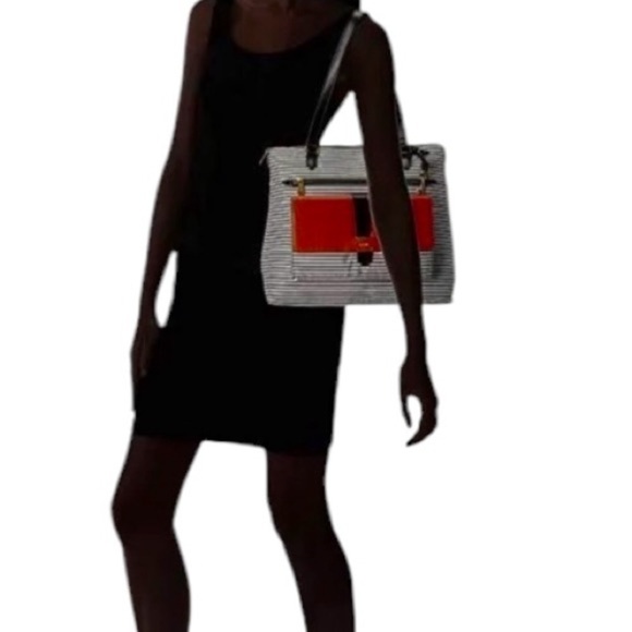 FOSSIL Kinley Shopper Black White Striped Shoulder Bag Tote Purse - Picture 4 of 16